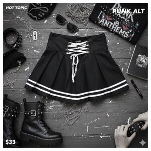 Hot Topic Black Y2K Alt Emo Punk Grunge Lace-Up Mini Skater Skirt White Strips L